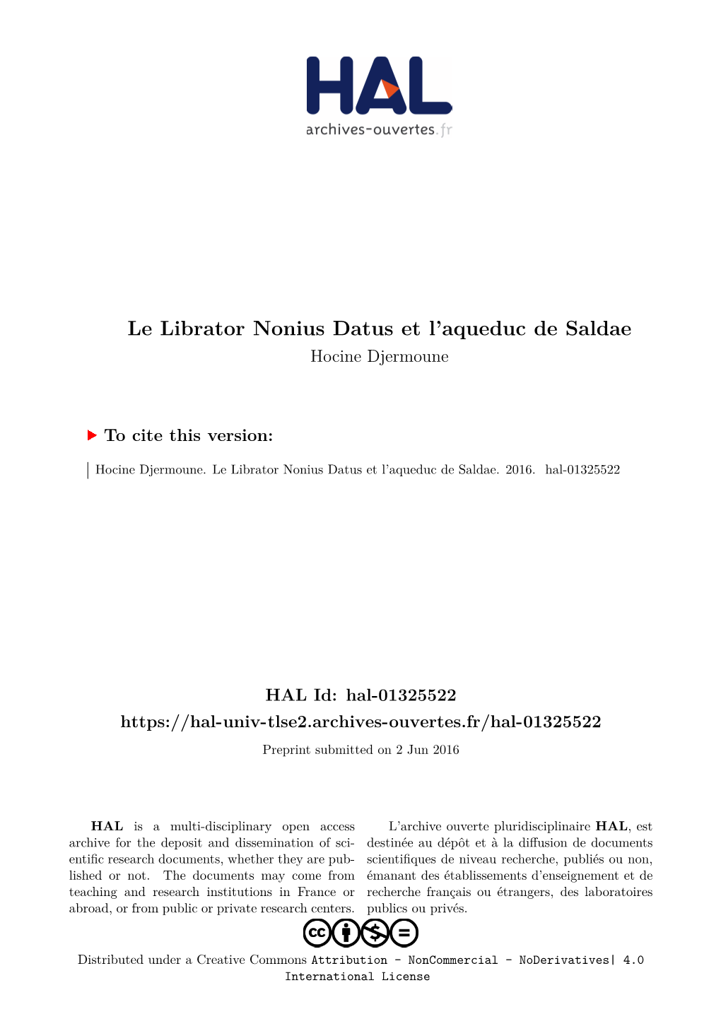 Le Librator Nonius Datus Et L'aqueduc De Saldae