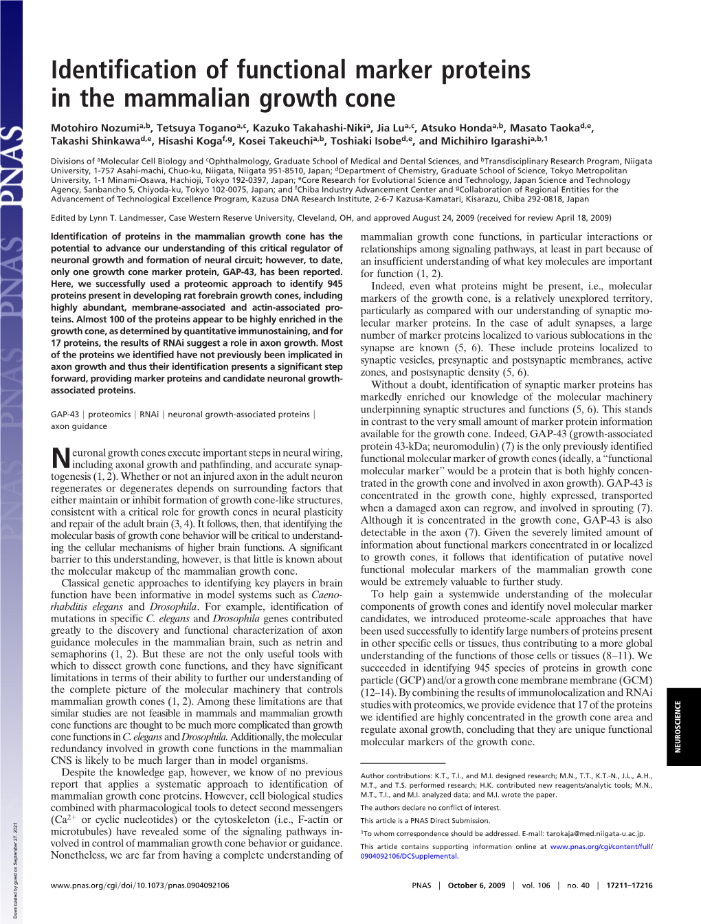 Identification of Functional Marker Proteins in the Mammalian Growth Cone