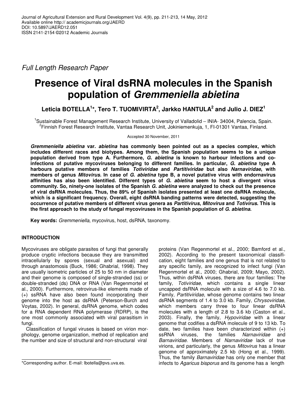 Presence of Viral Dsrna Molecules in the Spanish Population of Gremmeniella Abietina