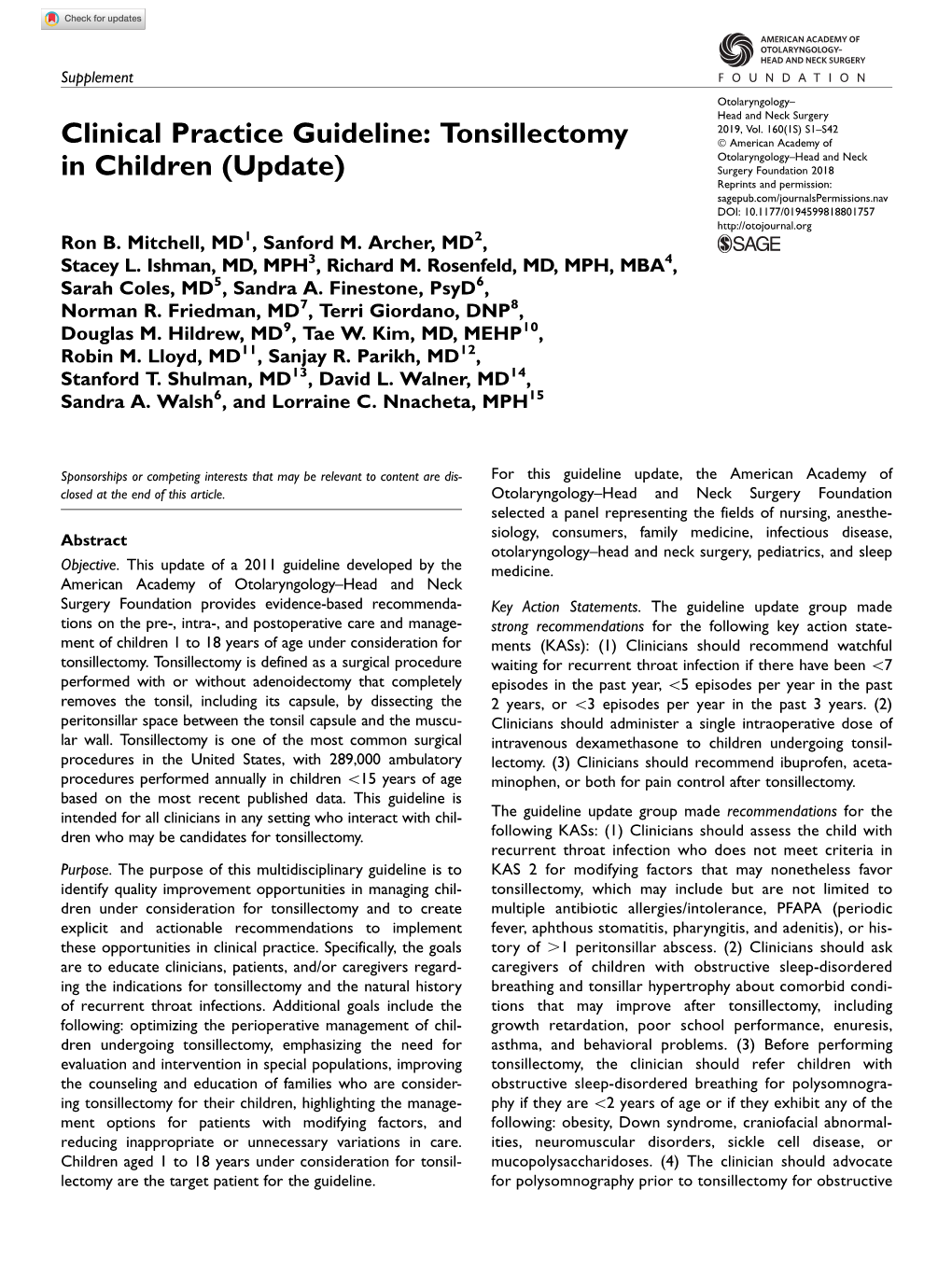 Clinical Practice Guideline: Tonsillectomy in Children (Update)