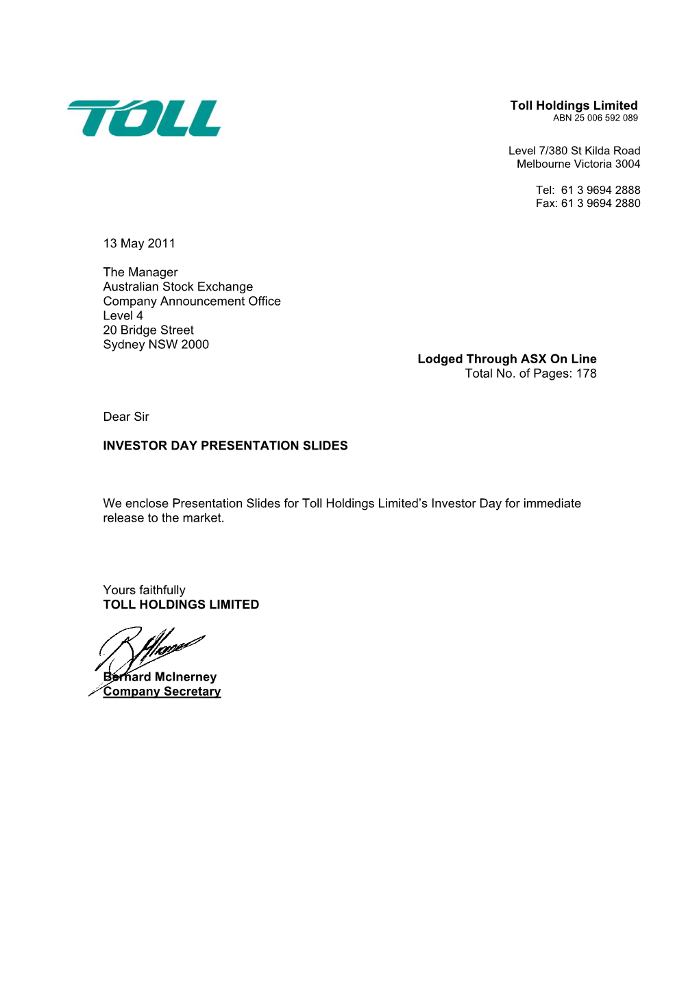 Toll Holdings Limited 13 May 2011 the Manager Australian Stock