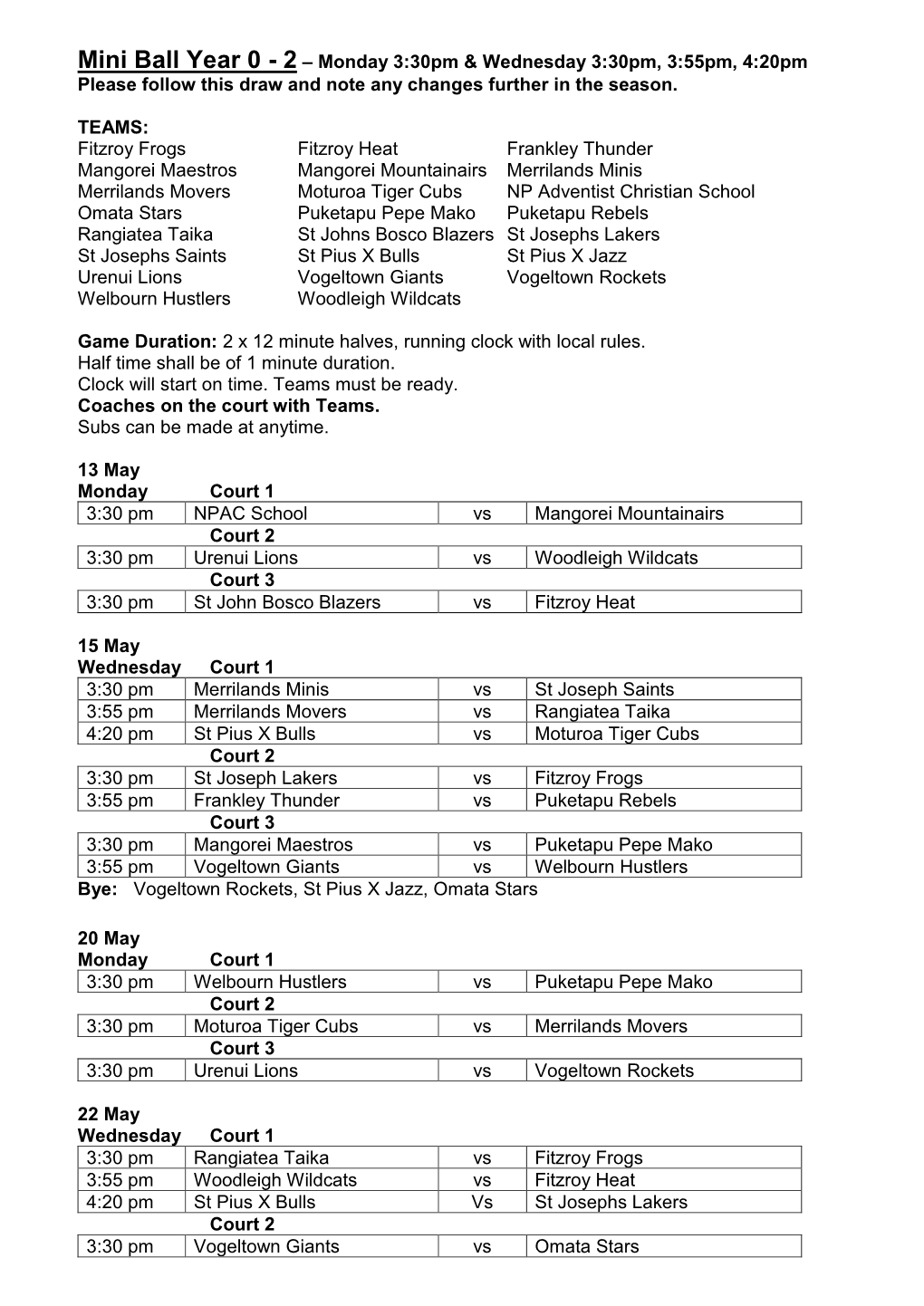 Mini Ball Year 0 - 2 – Monday 3:30Pm & Wednesday 3:30Pm, 3:55Pm, 4:20Pm Please Follow This Draw and Note Any Changes Further in the Season