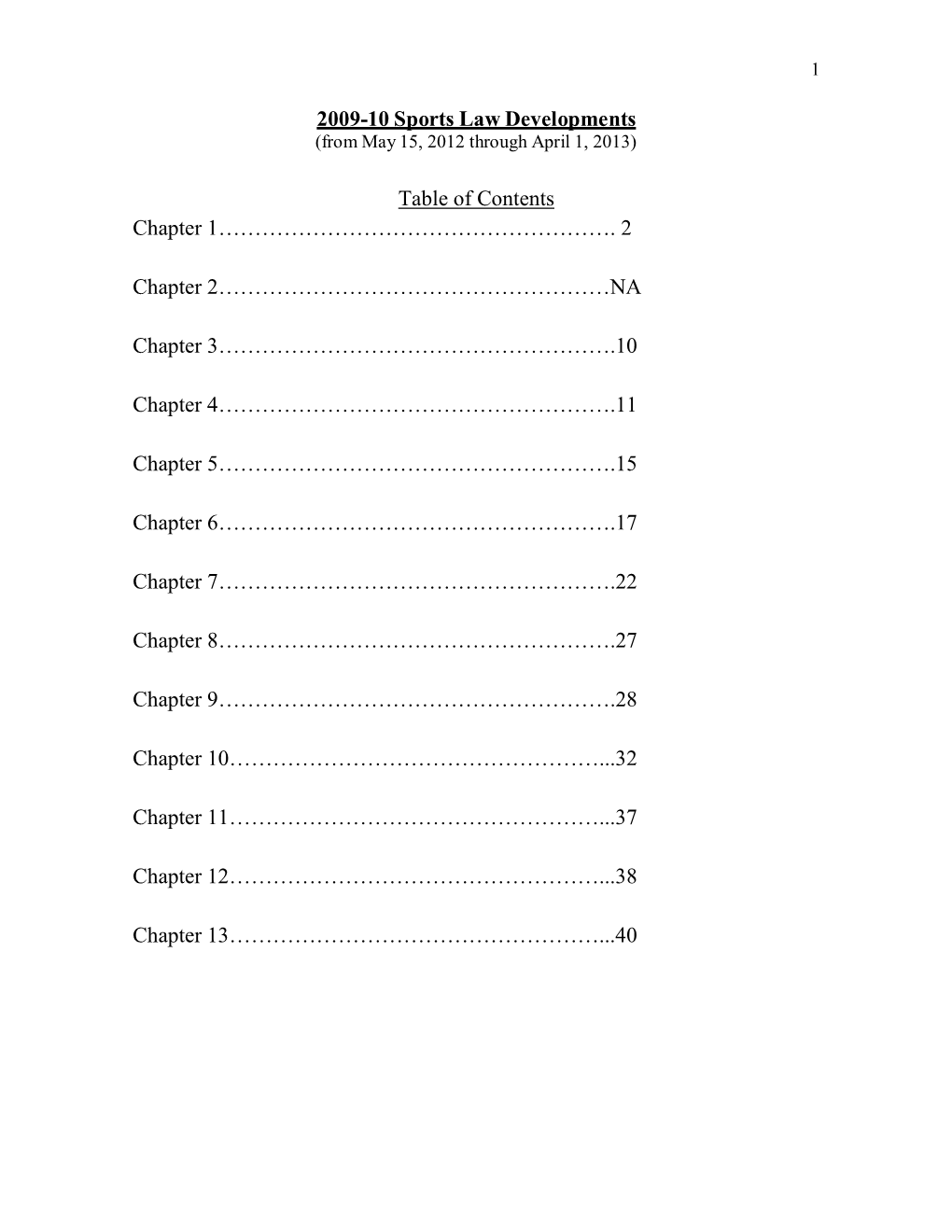 2009-10 Sports Law Developments Table of Contents