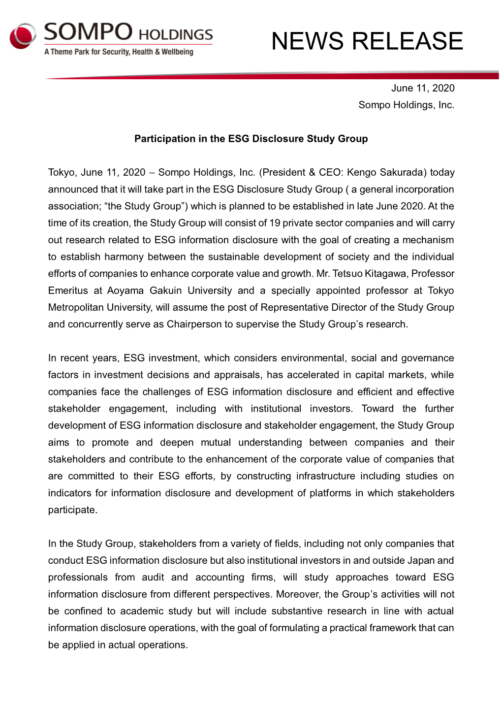 Participation in the ESG Disclosure Study Group(PDF/139KB)