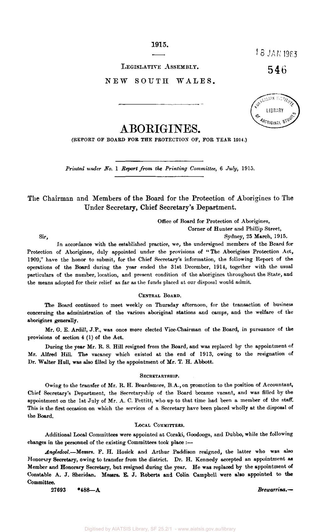Aborigines, Report of Board for the Protection Of, for Year 1914