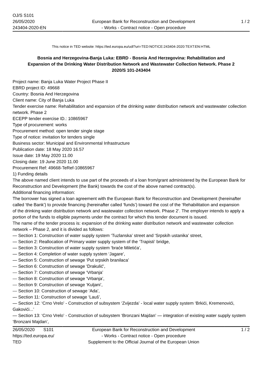 Rehabilitation and Expansion of the Drinking Water Distribution Network and Wastewater Collection Network