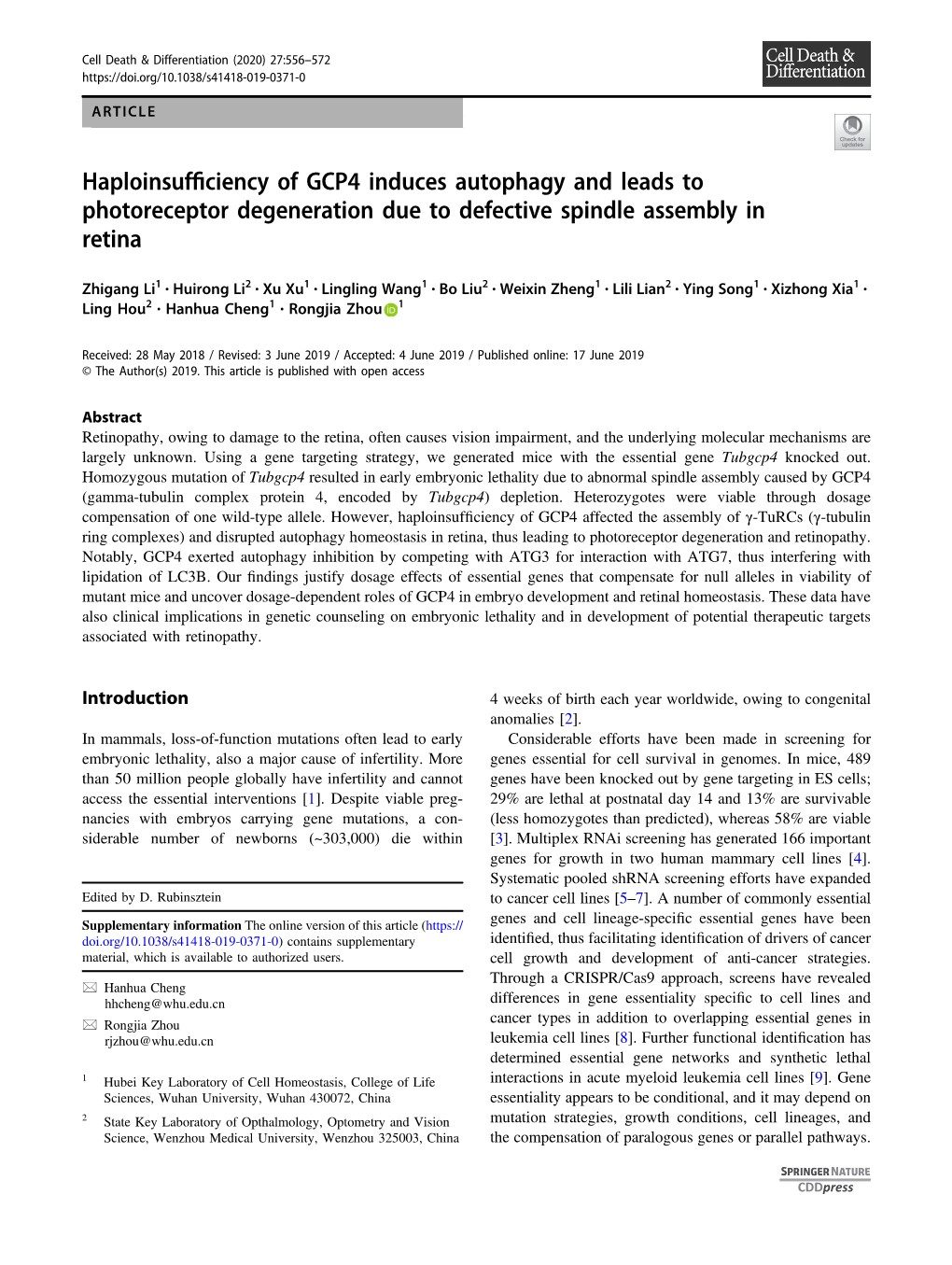 Haploinsufficiency of GCP4 Induces Autophagy and Leads To