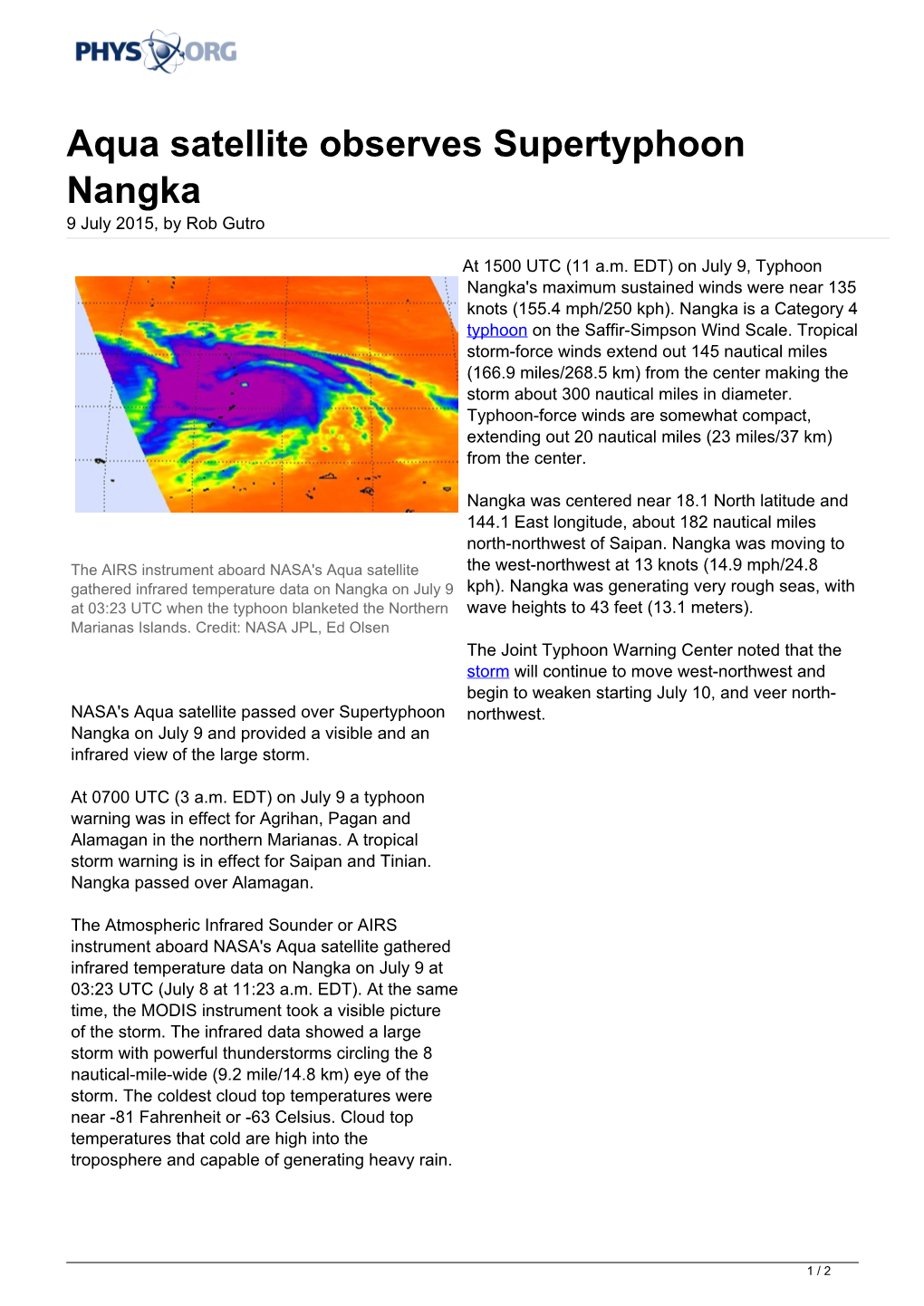 Aqua Satellite Observes Supertyphoon Nangka 9 July 2015, by Rob Gutro