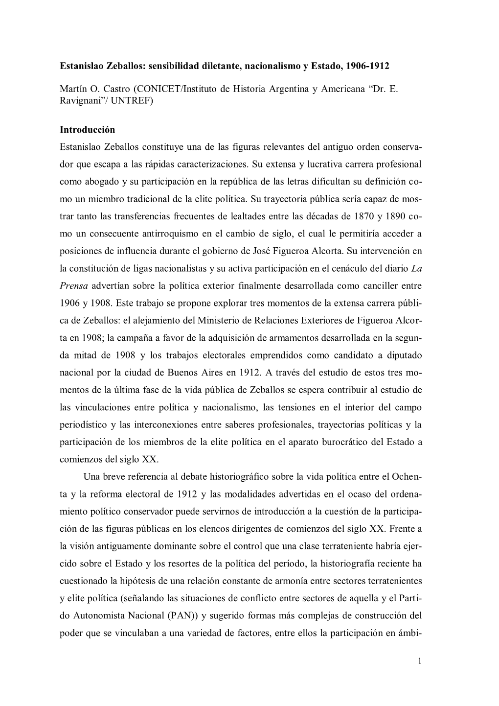 Estanislao Zeballos: Sensibilidad Diletante, Nacionalismo Y Estado, 1906-1912