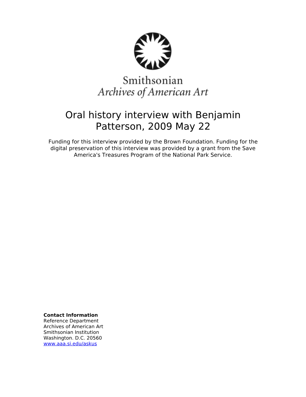 Oral History Interview with Benjamin Patterson, 2009 May 22