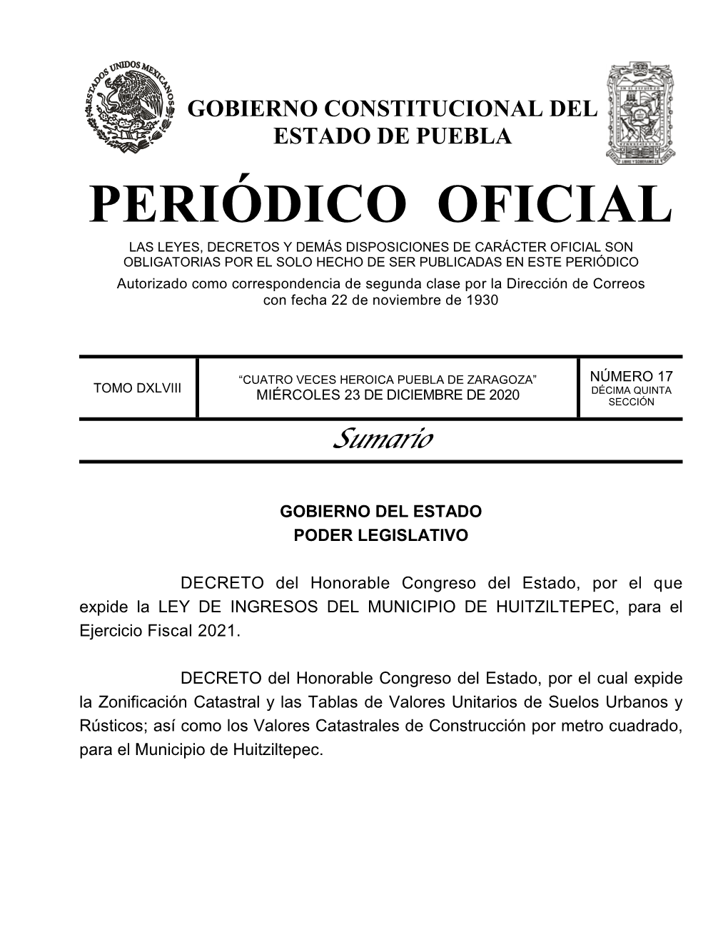 LEY DE INGRESOS DEL MUNICIPIO DE HUITZILTEPEC, Para El Ejercicio Fiscal 2021