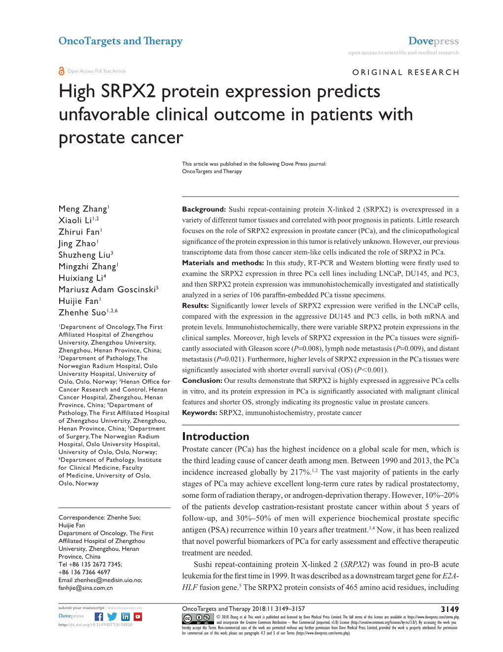 High SRPX2 Protein Expression Predicts Unfavorable Clinical Outcome in Patients with Prostate Cancer
