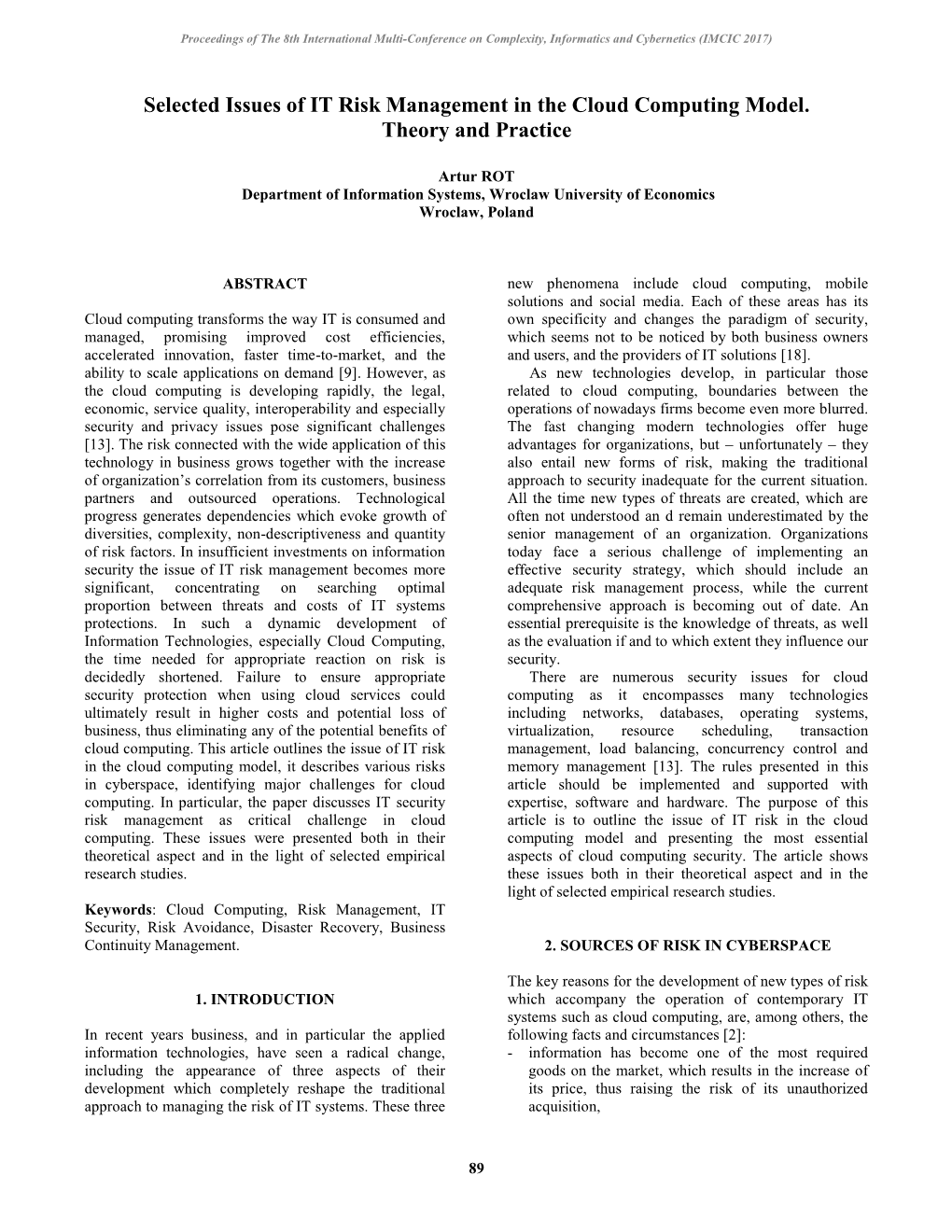 Selected Issues of IT Risk Management in the Cloud Computing Model