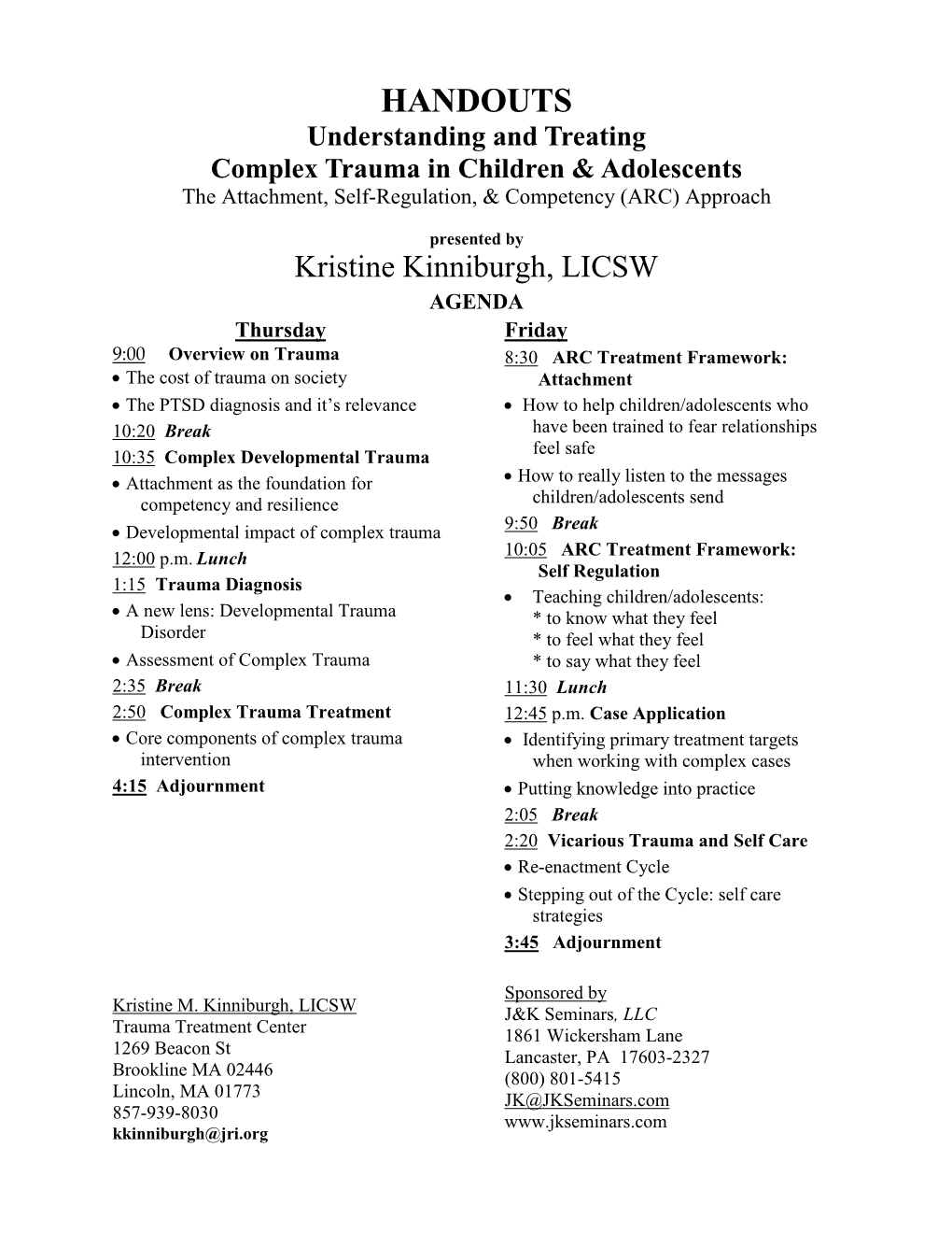 Handouts for Understanding and Treating Complex Trauma In