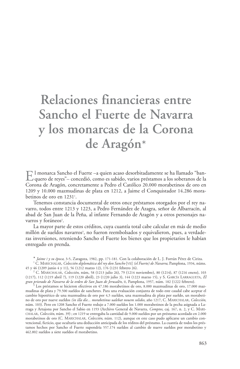 Relaciones Financieras Entre Sancho El Fuerte De Navarra Y Los Monarcas De La Corona De Aragón*