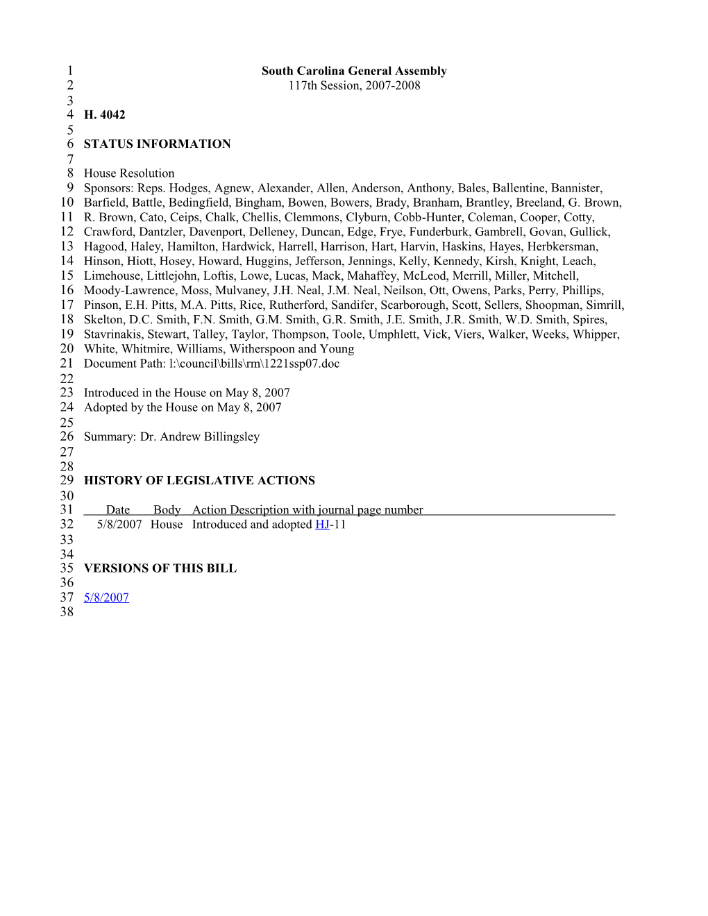 2007-2008 Bill 4042: Dr. Andrew Billingsley - South Carolina Legislature Online