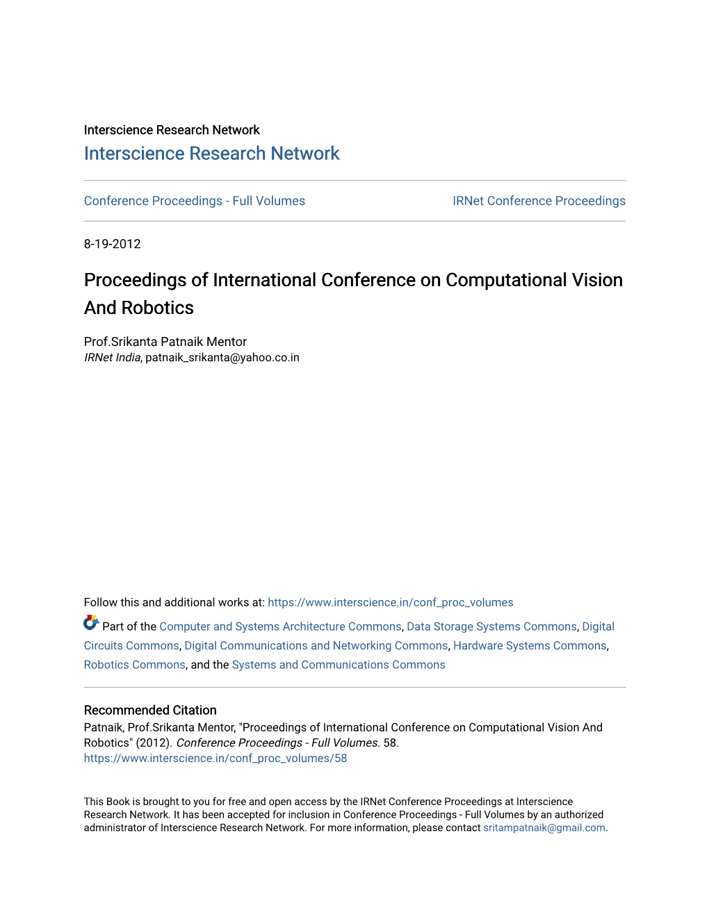 Proceedings of International Conference on Computational Vision and Robotics