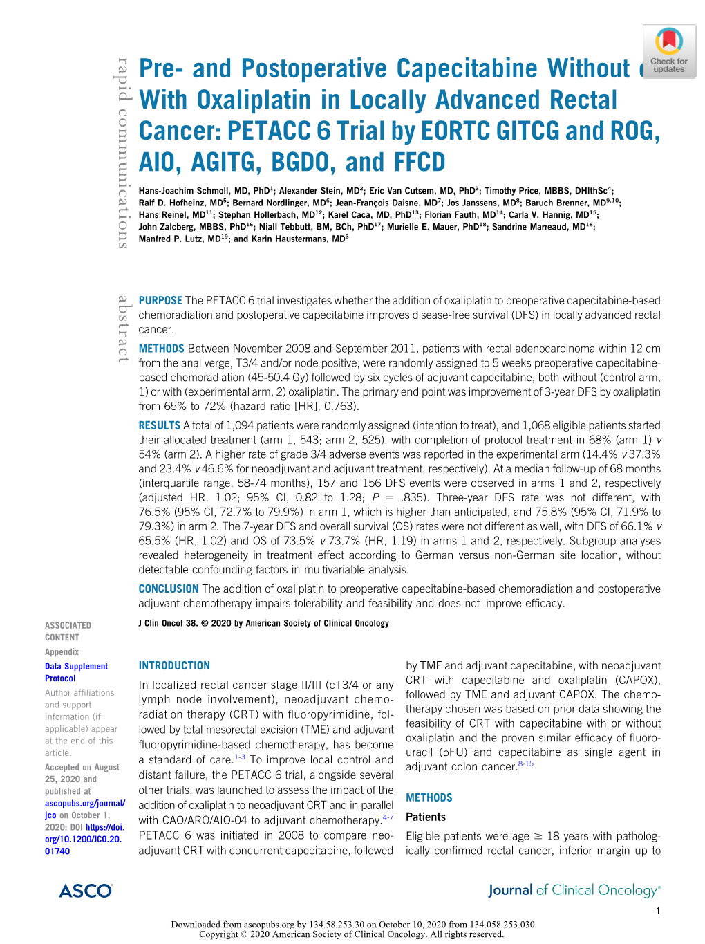 Pre- and Postoperative Capecitabine Without Or with Oxaliplatin in Locally Advanced Rectal Cancer: PETACC 6 Trial by EORTC GITCG