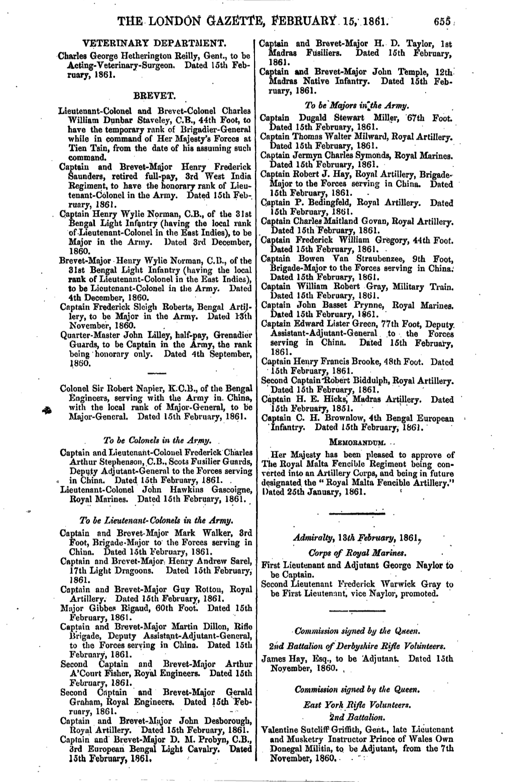 The London Gazette, Febeuary 15, 1861. 655