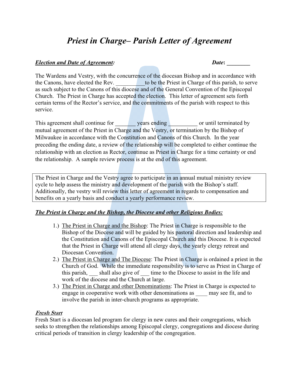 Priest in Charge– Parish Letter of Agreement