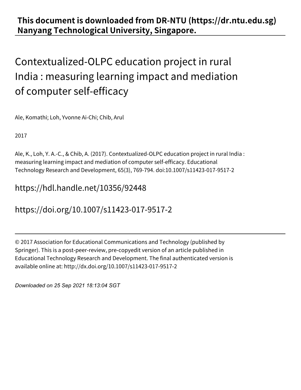 Contextualized‑OLPC Education Project in Rural India : Measuring Learning Impact and Mediation of Computer Self‑Efficacy