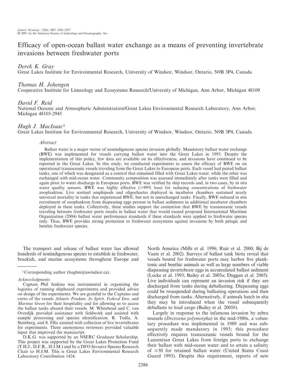 Efficacy of Open-Ocean Ballast Water Exchange As a Means of Preventing Invertebrate Invasions Between Freshwater Ports