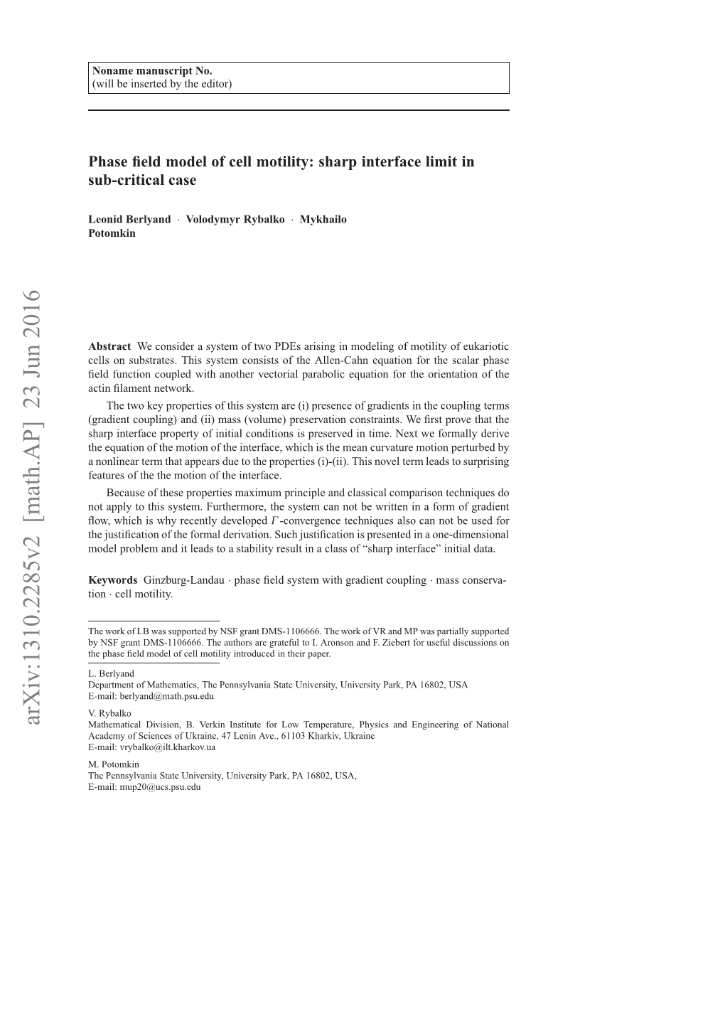 Phase Field Model of Cell Motility: Sharp Interface Limit in Sub-Critical Case