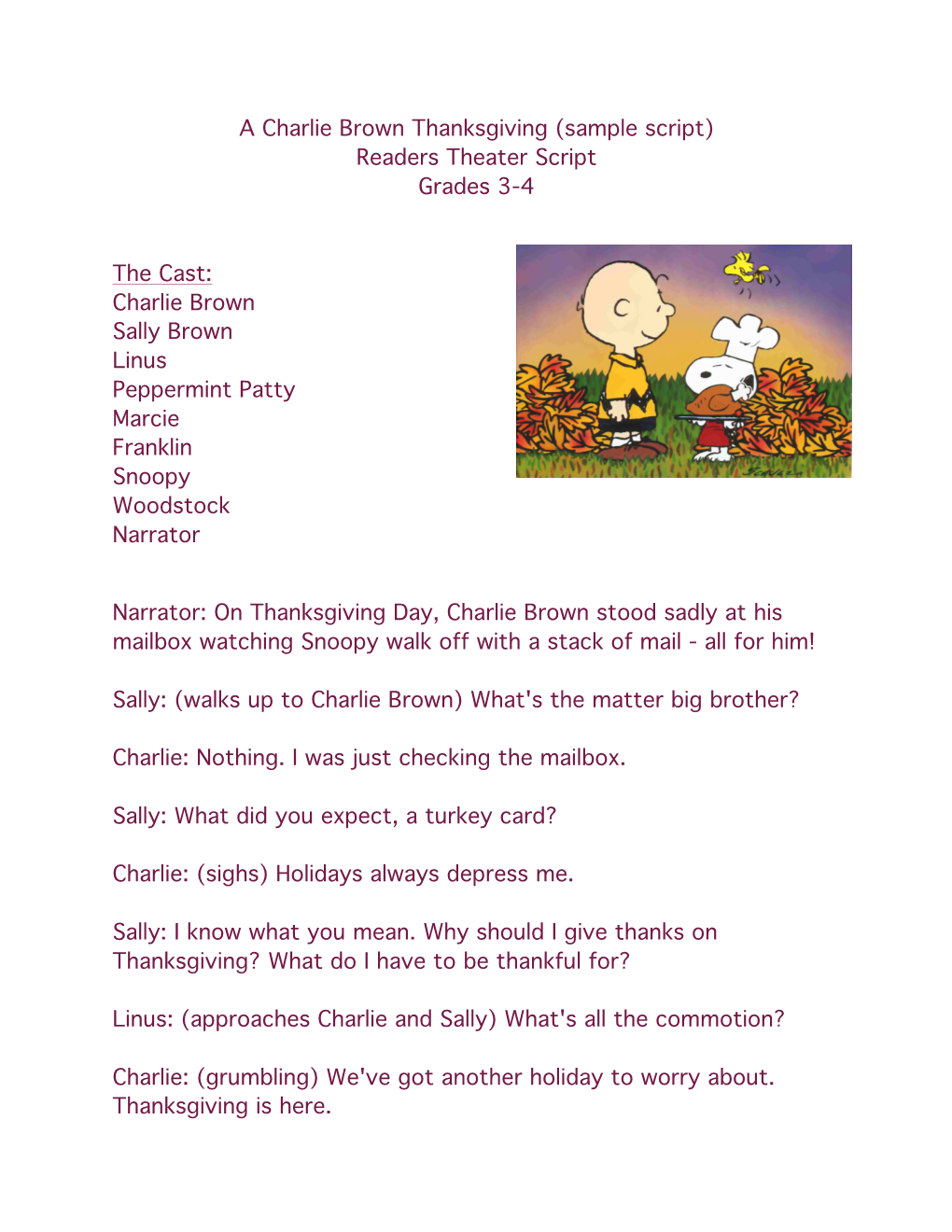 A Charlie Brown Thanksgiving (Sample Script) Readers Theater Script Grades 3-4