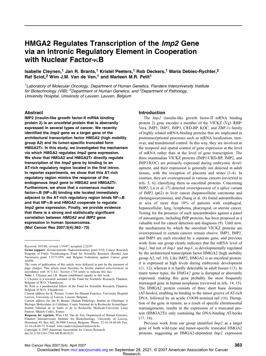 HMGA2 Regulates Transcription of the Imp2 Gene Via an Intronic Regulatory Element in Cooperation with Nuclear Factor-KB