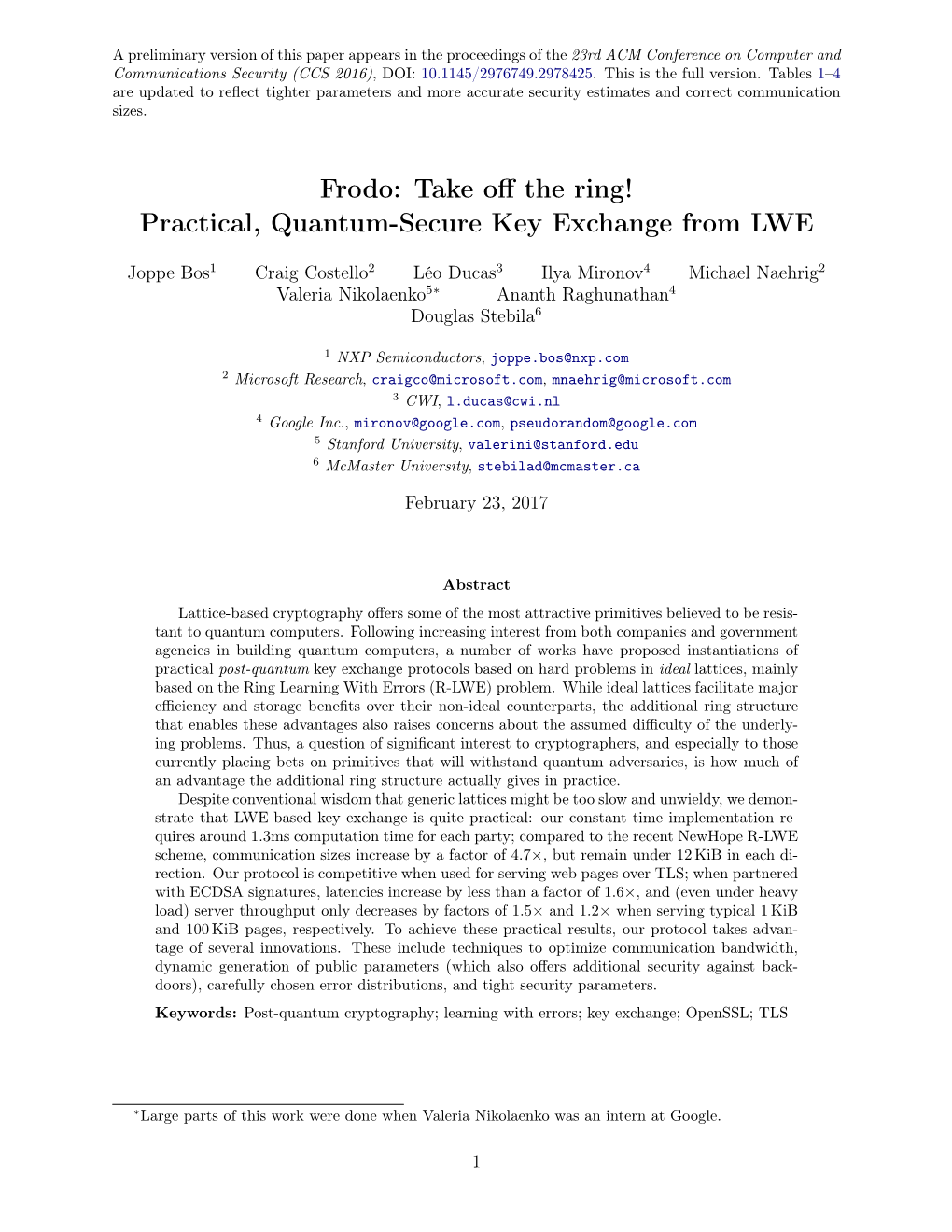 Frodo: Take Off the Ring! Practical, Quantum-Secure Key Exchange