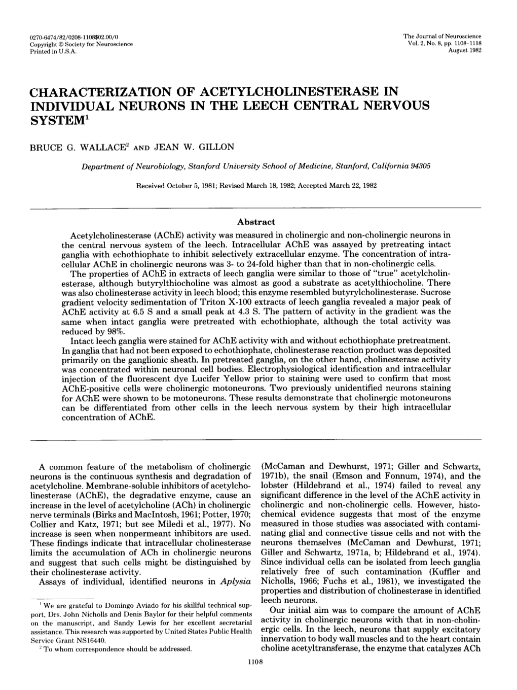 Characterization of Acetylcholinesterase in Individual Neurons in the Leech Central Nervous System’