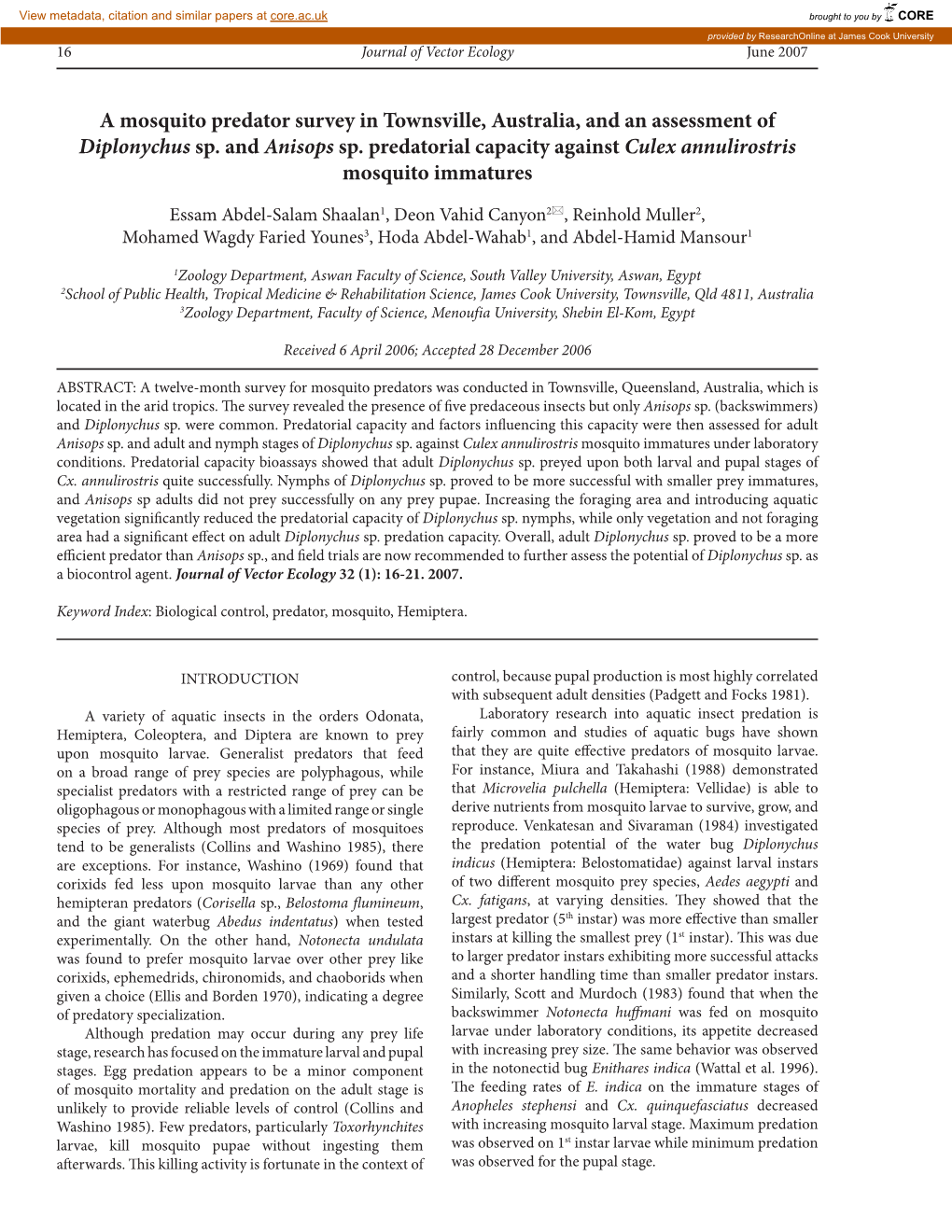 A Mosquito Predator Survey in Townsville, Australia, and an Assessment of Diplonychus Sp