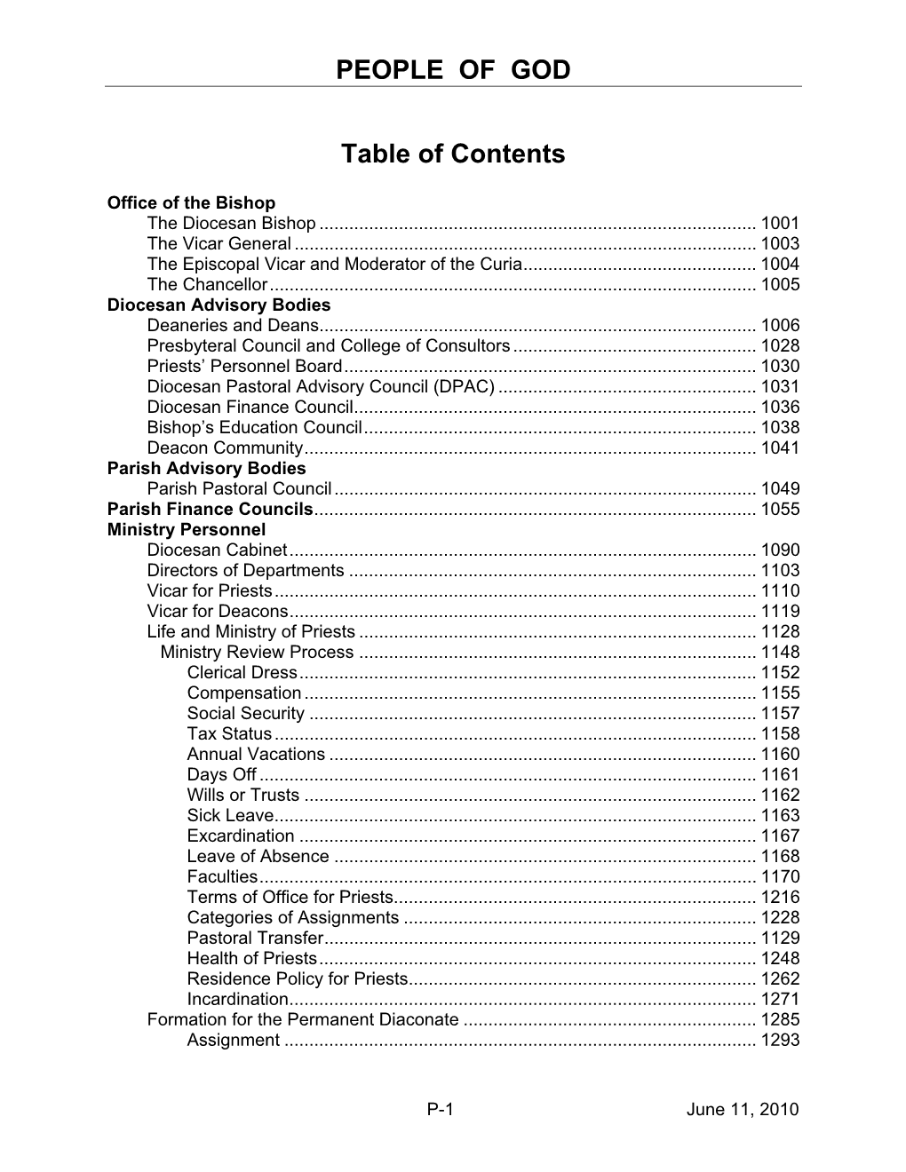 PEOPLE of GOD Table of Contents