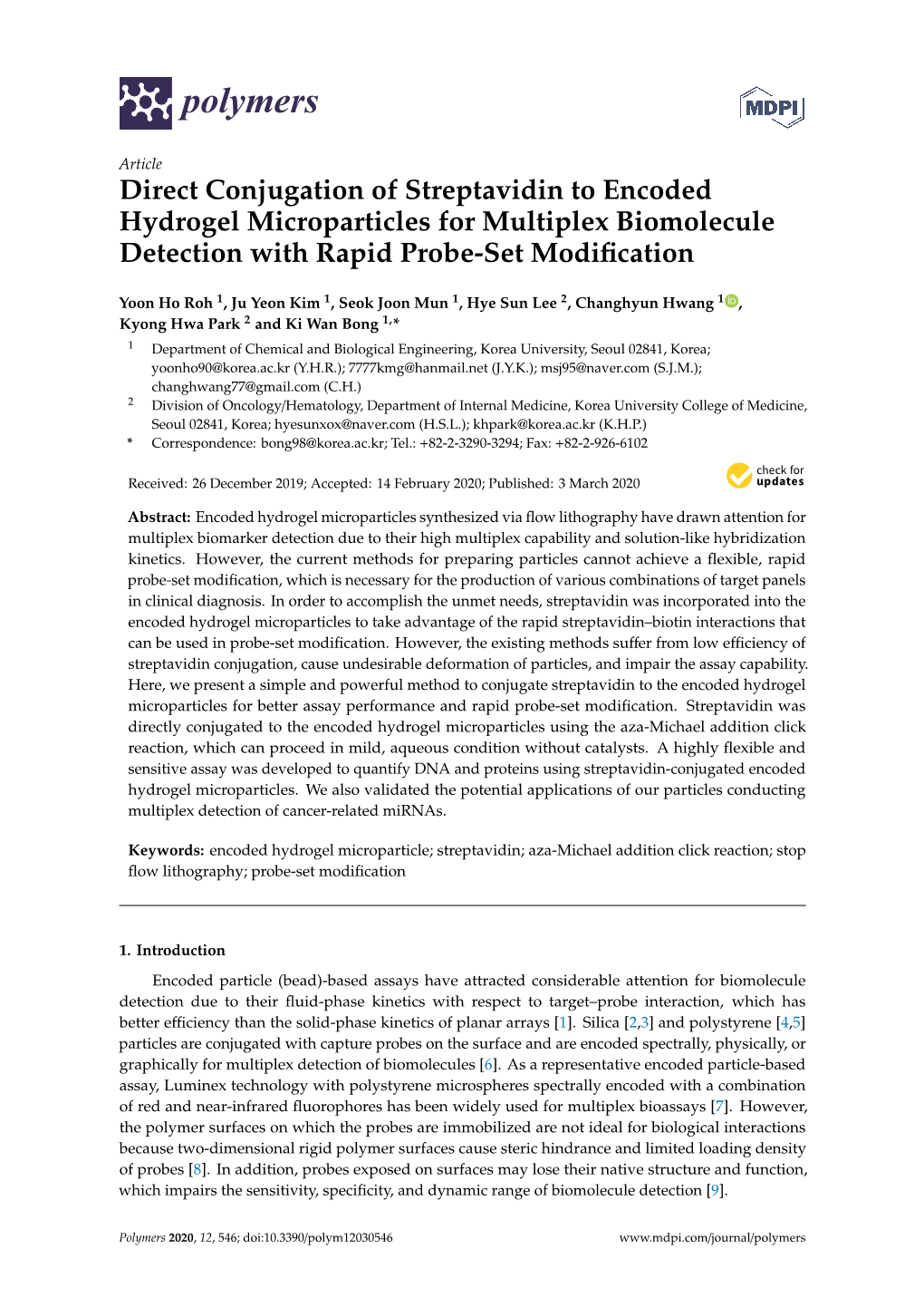 Direct Conjugation of Streptavidin to Encoded Hydrogel Microparticles for Multiplex Biomolecule Detection with Rapid Probe-Set Modiﬁcation