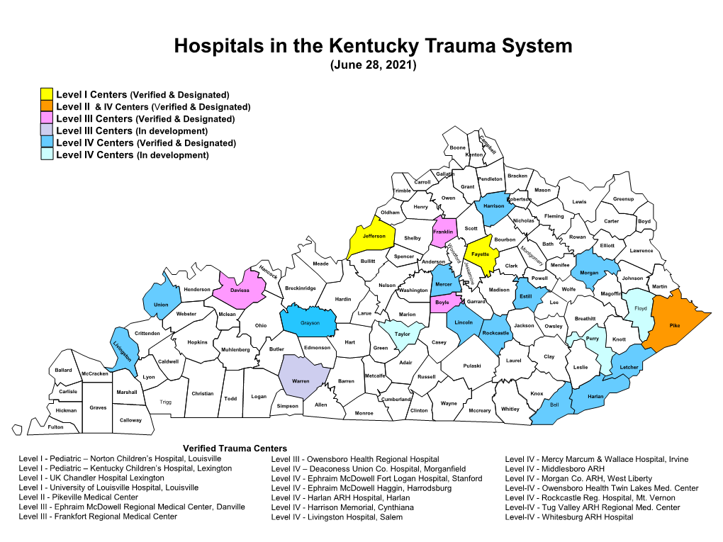 Map of Hospitals in the Kentucky Trauma System