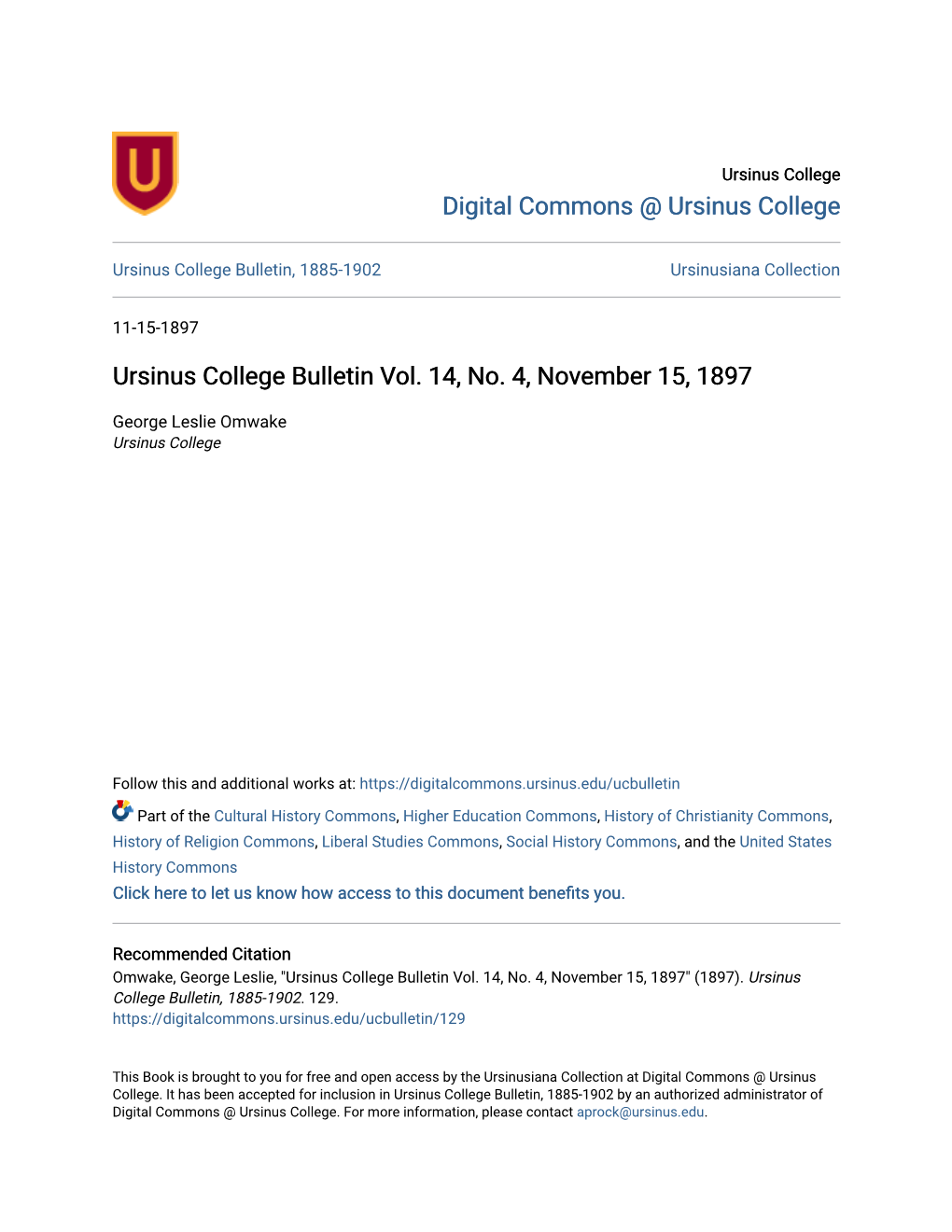 Ursinus College Bulletin Vol. 14, No. 4, November 15, 1897