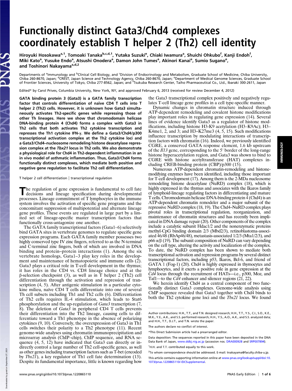 Functionally Distinct Gata3/Chd4 Complexes Coordinately Establish T Helper 2 (Th2) Cell Identity