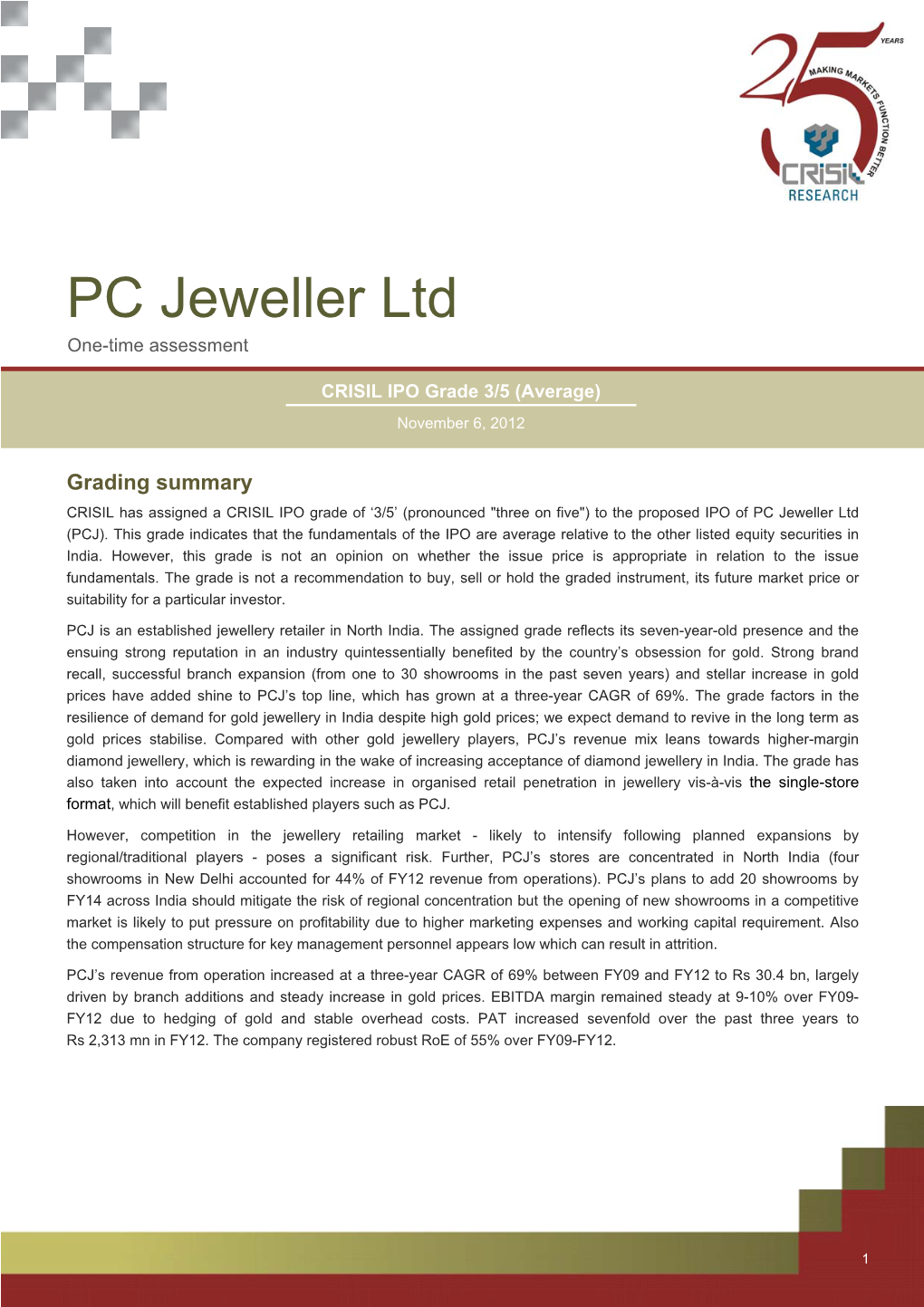 PC Jeweller Ltd One-Time Assessment