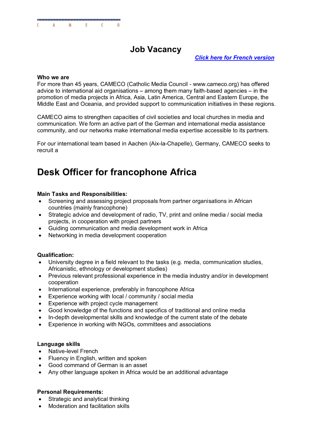 Desk Officer for Francophone Africa