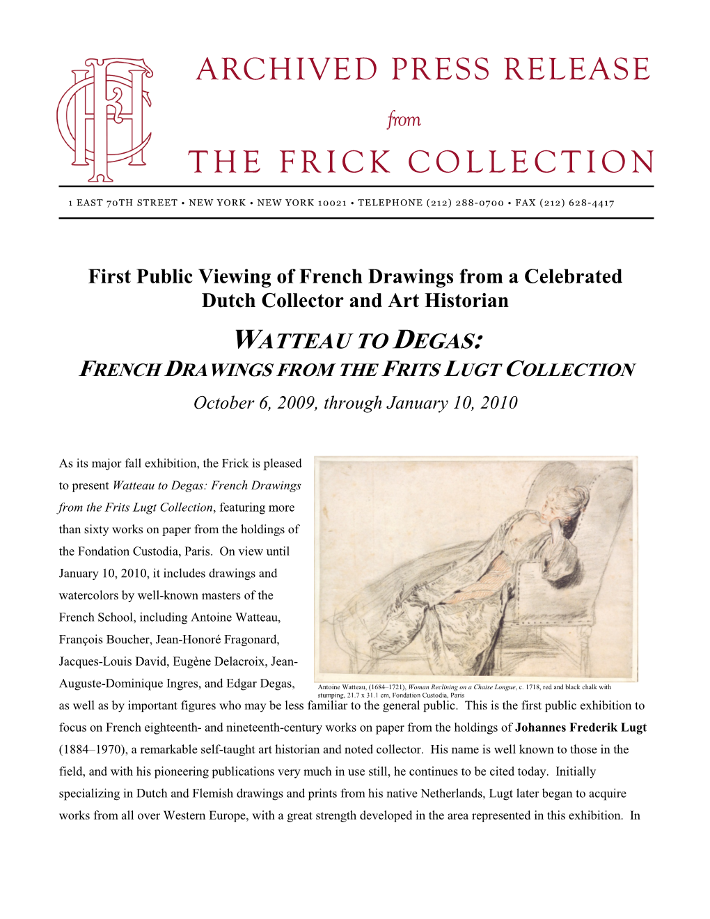 Archived Press Release the Frick Collection