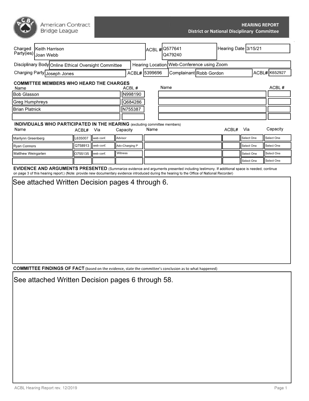 See Attached Written Decision Pages 4 Through 6. See Attached Written