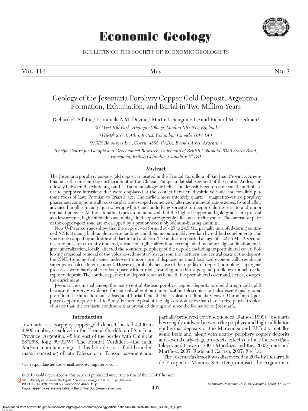 Geology of the Josemaría Porphyry Copper-Gold Deposit, Argentina: Formation, Exhumation, and Burial in Two Million Years