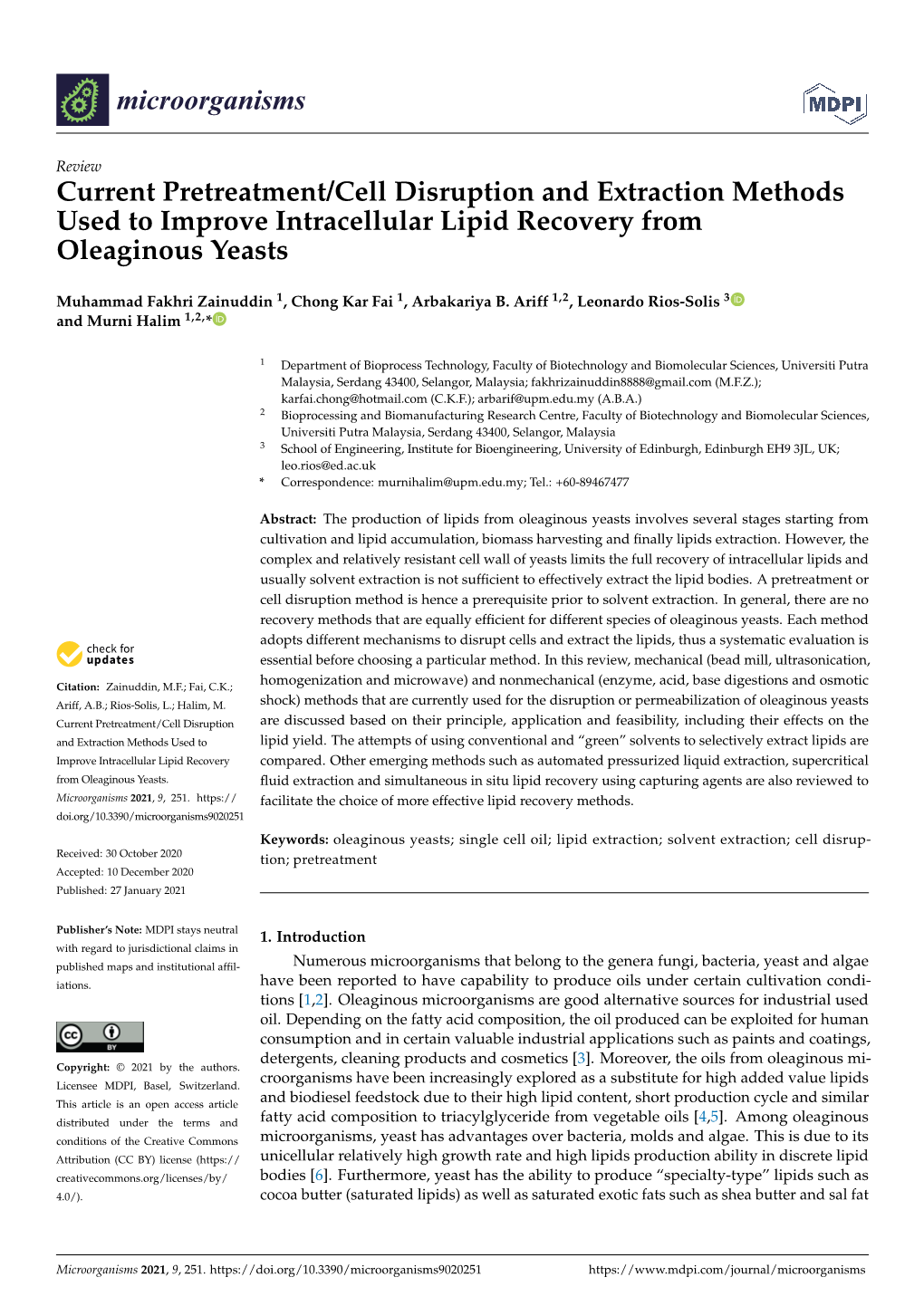 Current Pretreatment/Cell Disruption and Extraction Methods Used to Improve Intracellular Lipid Recovery from Oleaginous Yeasts