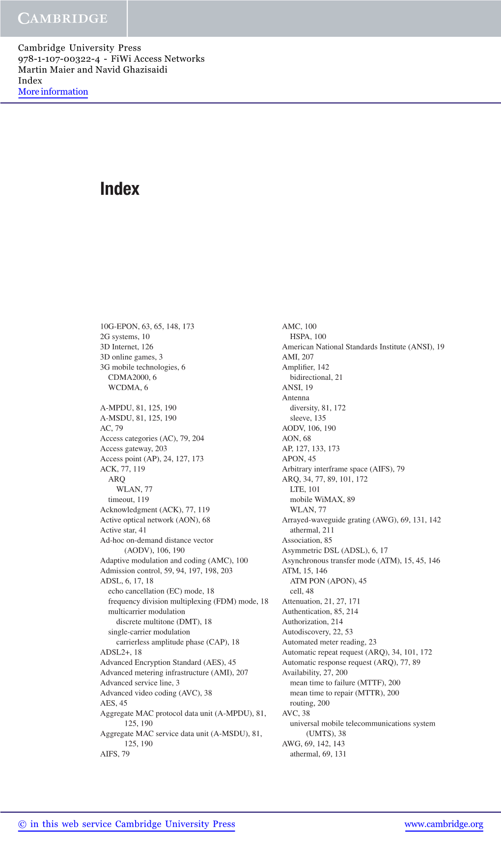 Fiwi Access Networks Martin Maier and Navid Ghazisaidi Index More Information