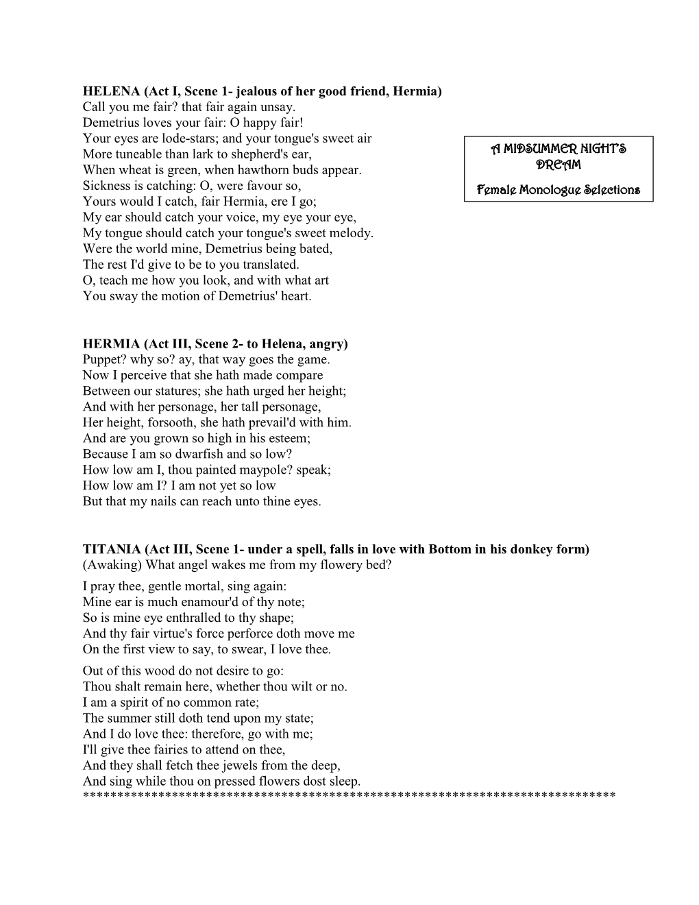 (Act I, Scene 1- Jealous of Her Good Friend, Hermia) Call You Me Fair? That Fair Again Unsay