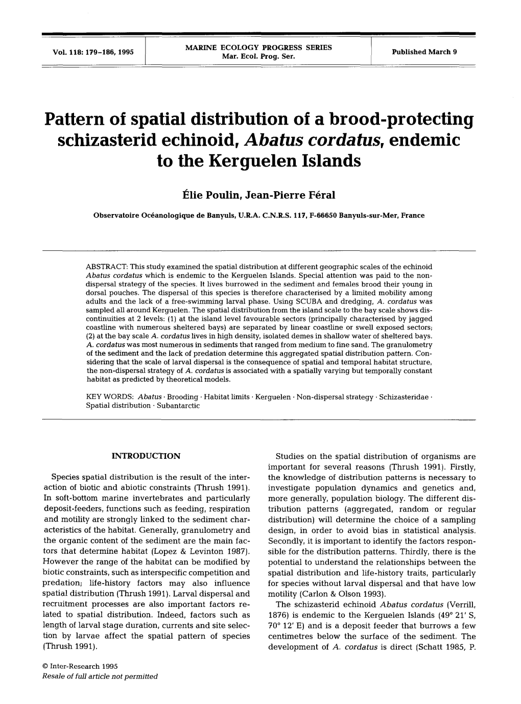 Pattern of Spatial Distribution of a Brood-Protecting Schizasterid Echinoid,Abatus Cordatus, Endemic to the Kerguelen Islands