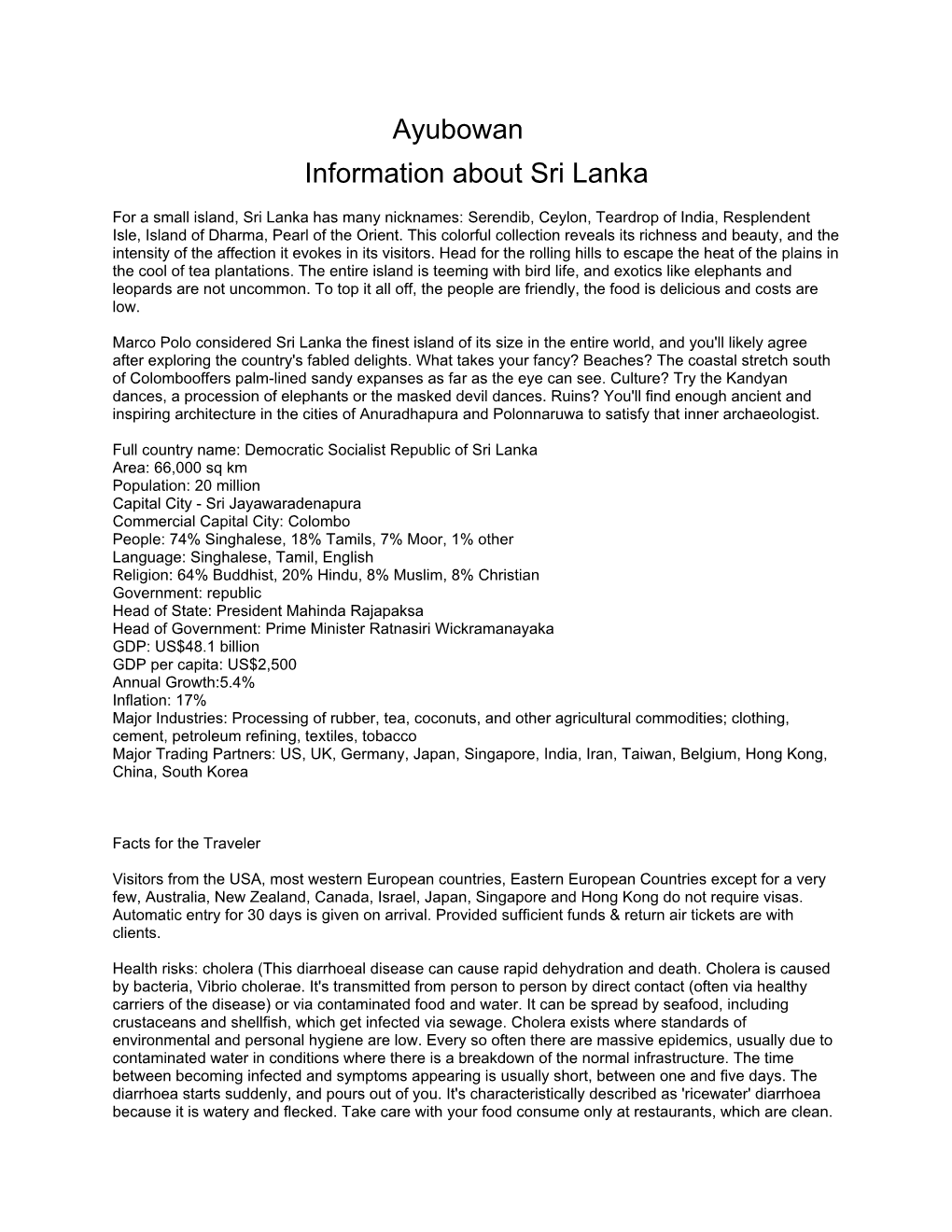 Ayubowan Information About Sri Lanka