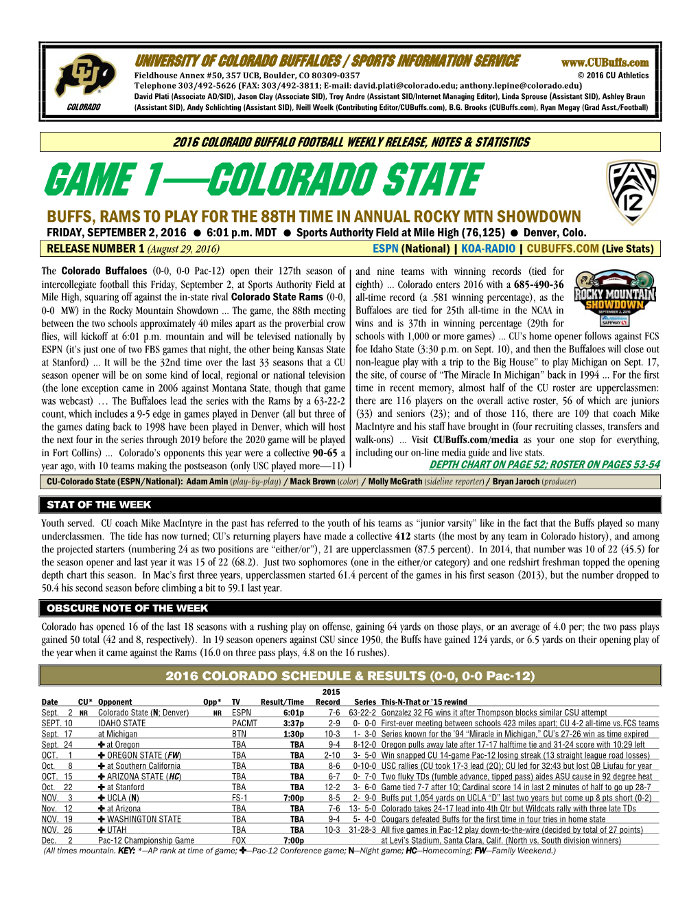 GAME 1—COLORADO STATE BUFFS, RAMS to PLAY for the 88TH TIME in ANNUAL ROCKY MTN SHOWDOWN FRIDAY, SEPTEMBER 2, 2016 6:01 P.M