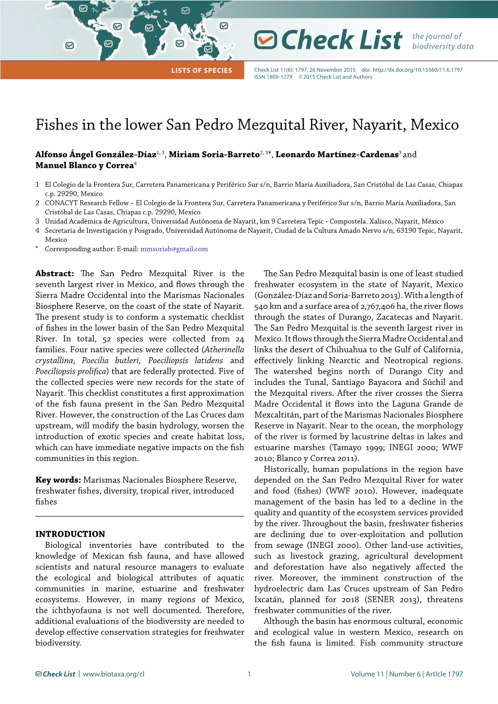 Fishes in the Lower San Pedro Mezquital River, Nayarit, Mexico