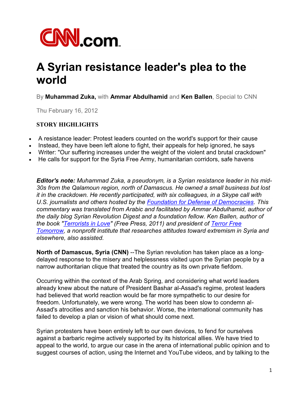 A Syrian Resistance Leader's Plea to the World